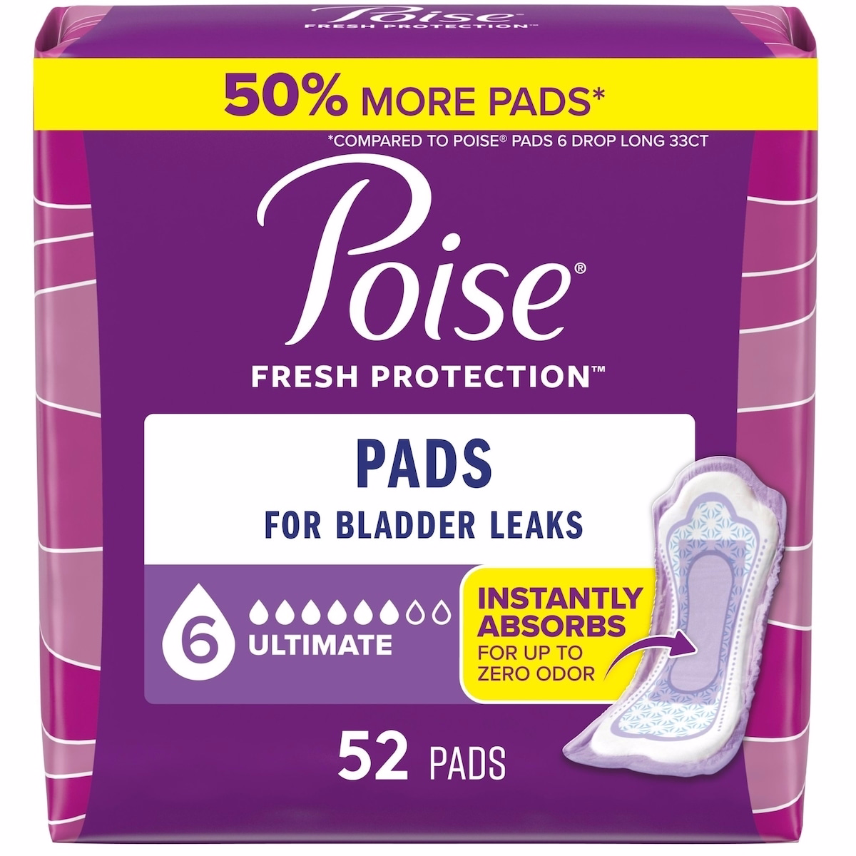 Incontinence Pads & Postpartum Incontinence Pads, 6 Drop Ultimate Absorbency, Regular Length, 52 Count