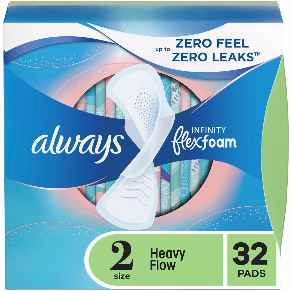 Infinity Feminine Pads for Women, Flexfoam Pads with Wings, Size 2, Heavy Absorbency, Unscented, 32 CT