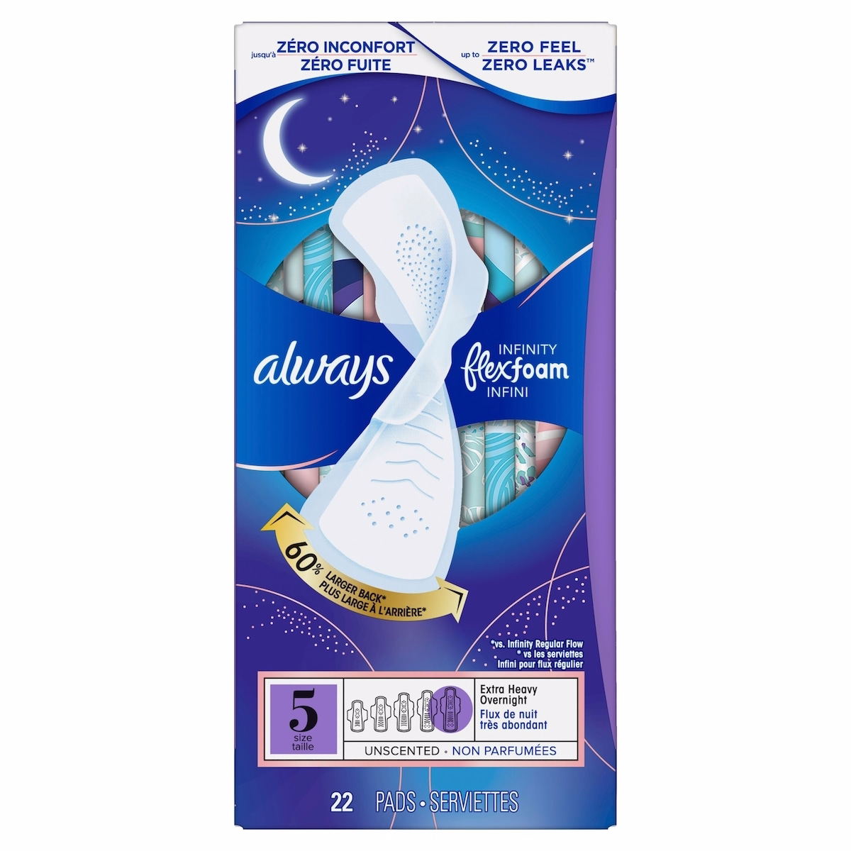 Infinity Feminine Pads for Women, Flexfoam Pads with Wings, Size 5, Extra Heavy Overnight Absorbency, Unscented, 22 CT
