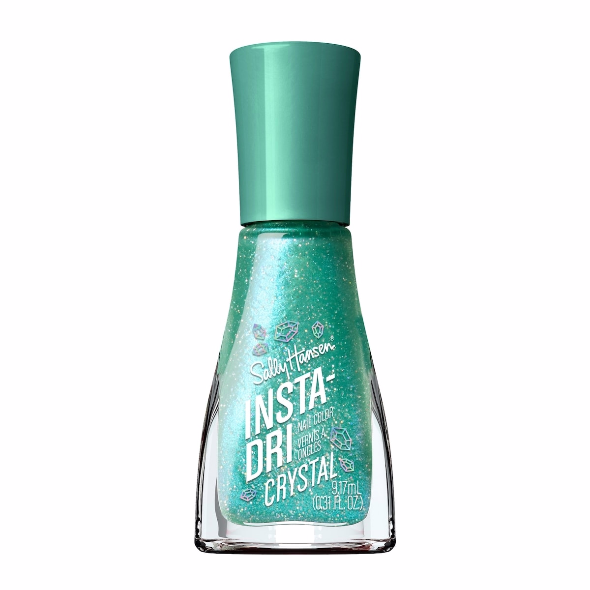 Insta-Dri® Nail Polish, Crystal Collection, instant glow up. 3-in-1 formula with built-in base and top coat. 1 Stroke, 1 Coat Done. Dries in 60 second
