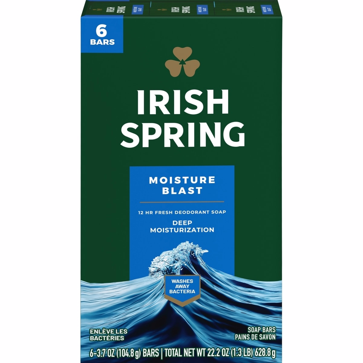 Irish Spring Moisture Blast Deodorant Bar Soap for Men, 104.7 g, 6 Pack