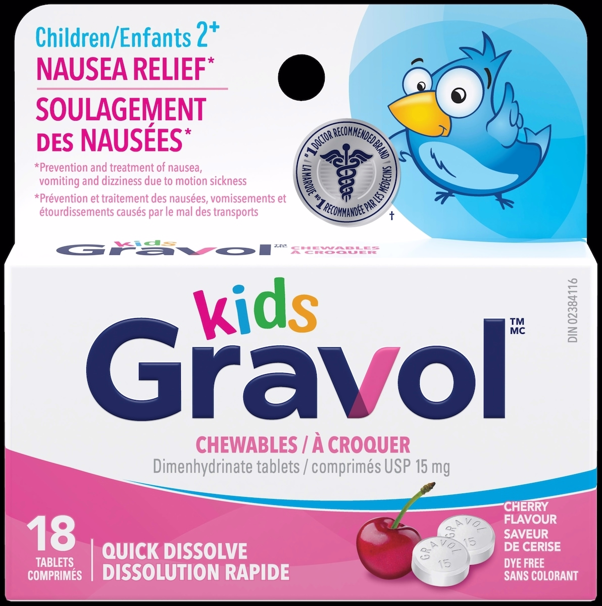 Gravol 키즈 빠르게 녹는 씹어먹는 제형 15 mg