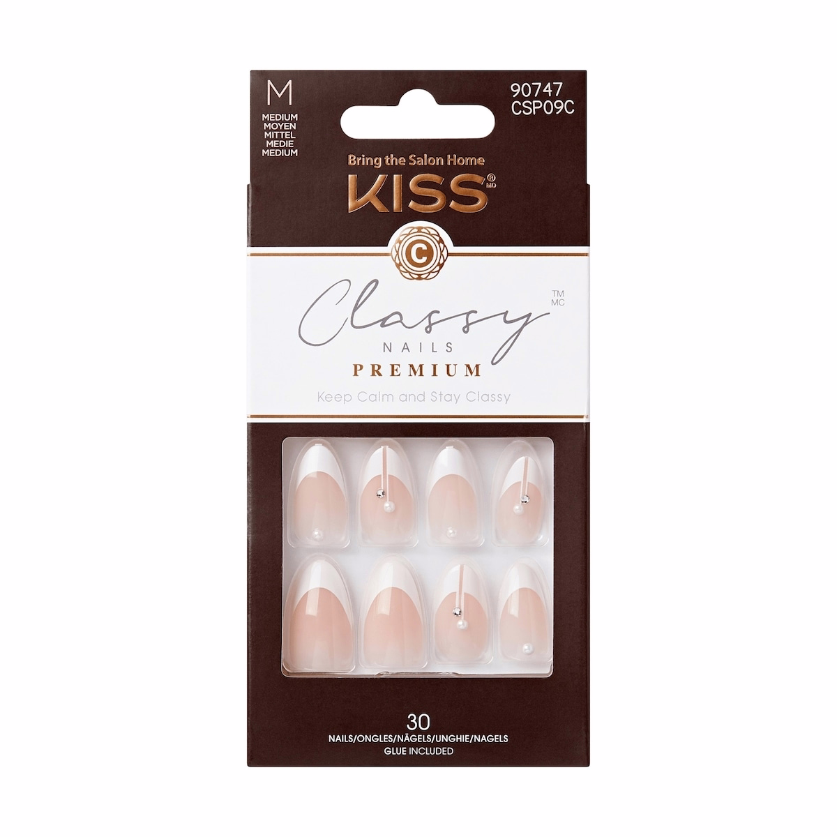 Kiss Premium Classy Press-On Nails, White Tipped French, Medium, Almond Shape, 33 Count