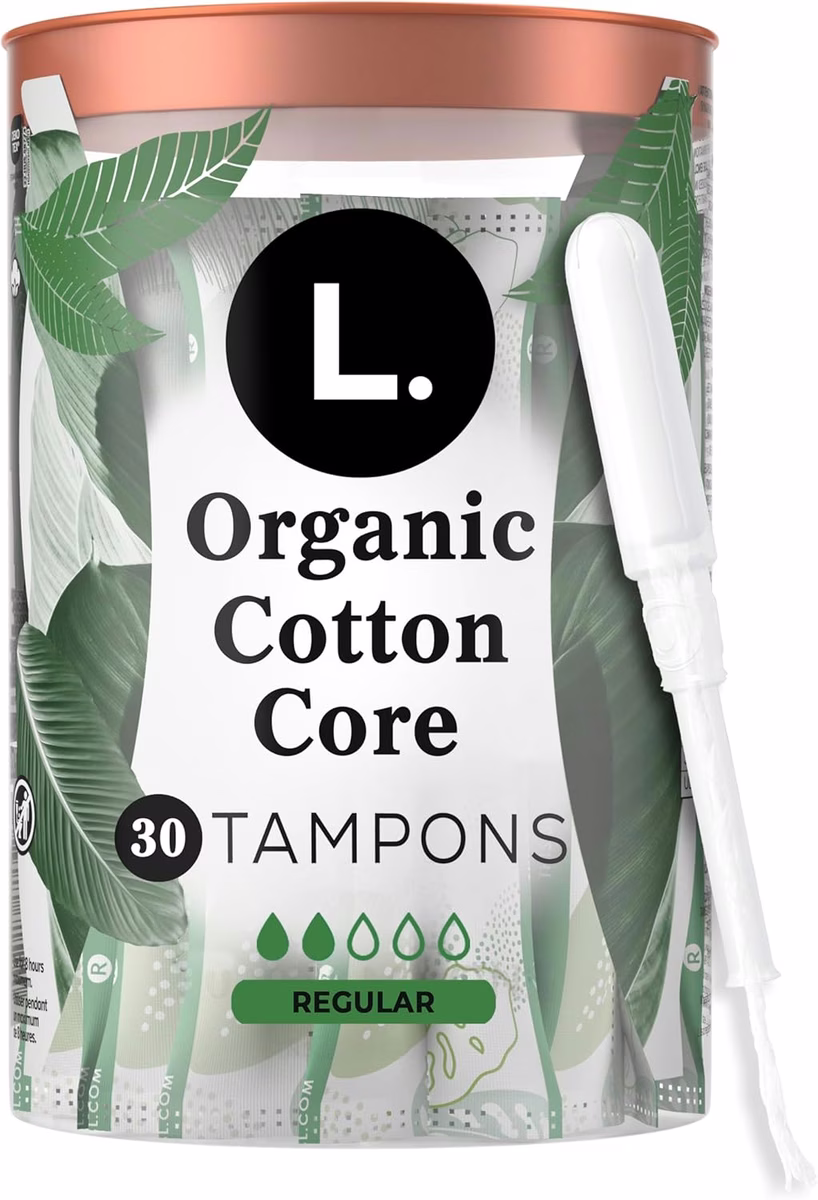 L. Organic Cotton Tampons Regular Absorbency, Free of Chlorine Bleaching, Pesticides, Fragrances, or Dyes, BPA-free Plastic Applicator, 30 Count
