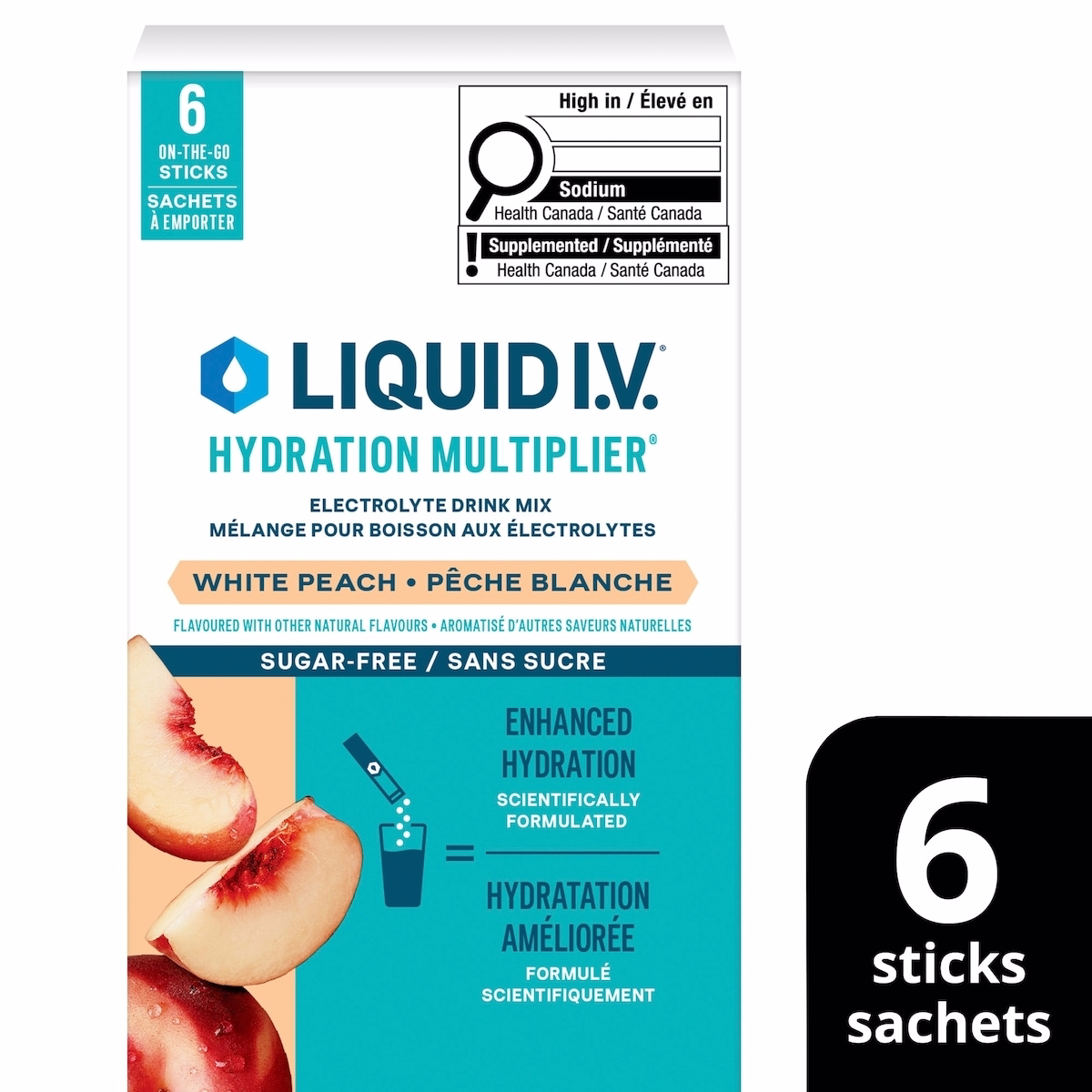 Liquid IV Sugar-Free Electrolyte Drink Mix for enhanced hydration White Peach Hydration Multiplier with Vitamins B3, B5, B12 and C 60g(6 sticks)