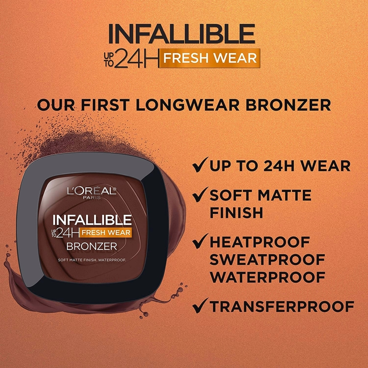 L'Oréal Paris Infallible Up to 24H Fresh Wear Bronzer, Longwear Soft Matte Finish, Waterproof & Heatproof, 250 Light, 0.31 oz