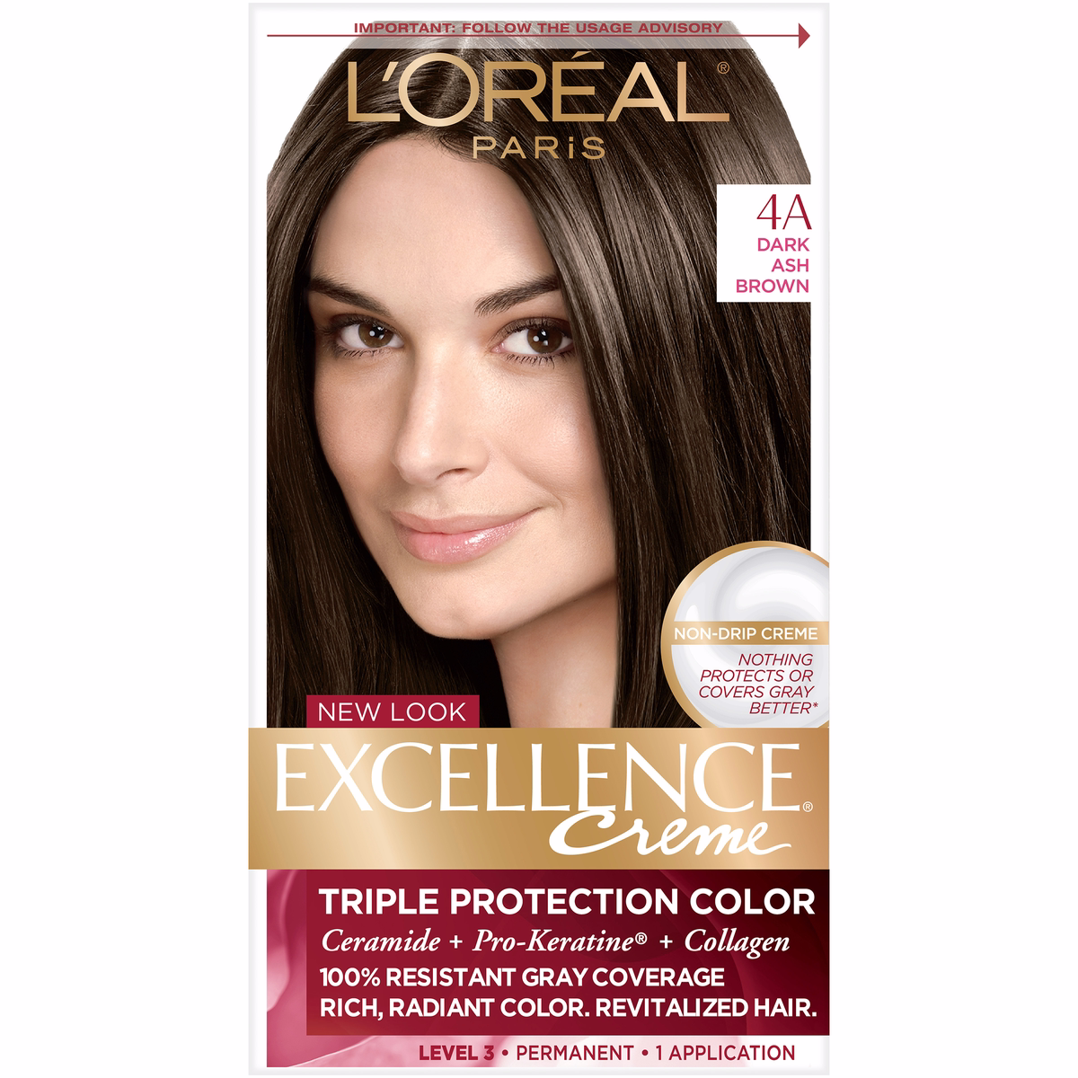 L'oreal Paris Excellence Créme Permanent Triple Protection Hair Color, 4a Dark Ash Brown, 1 Kit