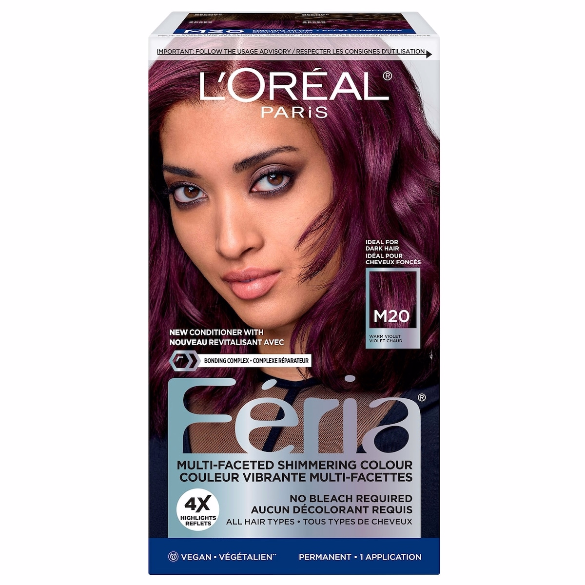 L'Oreal Paris Feria Midnight Bold, M20 Orchid Glow Warm Purple Hair Dye, Permanent Hair Color for Women, Formulated for Dark Hair, For All Hair Types
