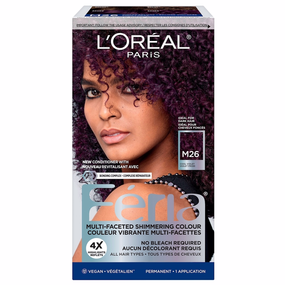 L'Oreal Paris Feria Midnight Bold, M26 Violet Eclipse Cool Purple Hair Dye, Permanent Hair Color for Women, Formulated for Dark Hair, For All Hair Typ