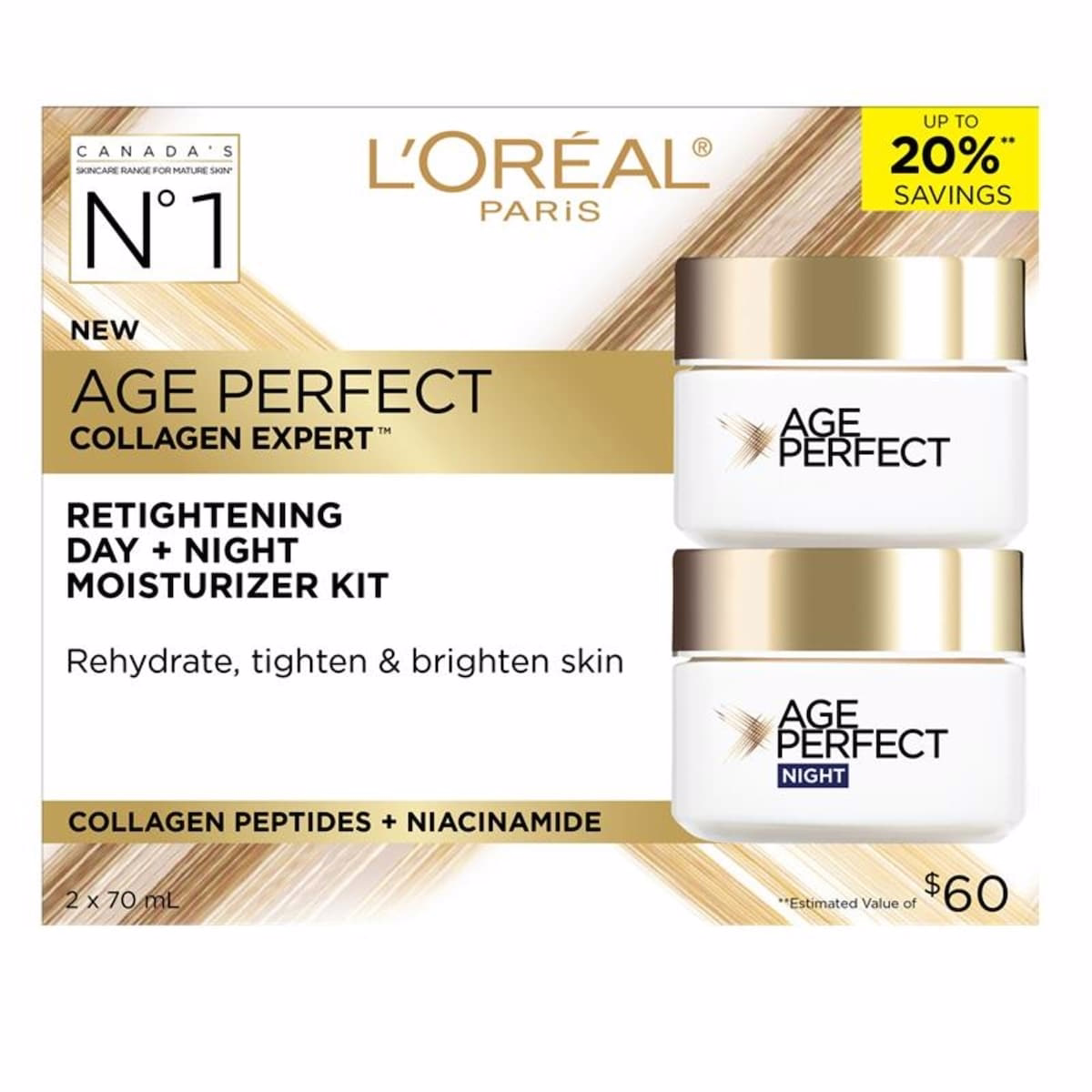 Kit Age Perfect Collagen Expert de L’Oréal Paris pour soins de jour et de nuit avec peptides de collagène et niacinamide, kit raffermissant et réhydratant, peau réhydratée,