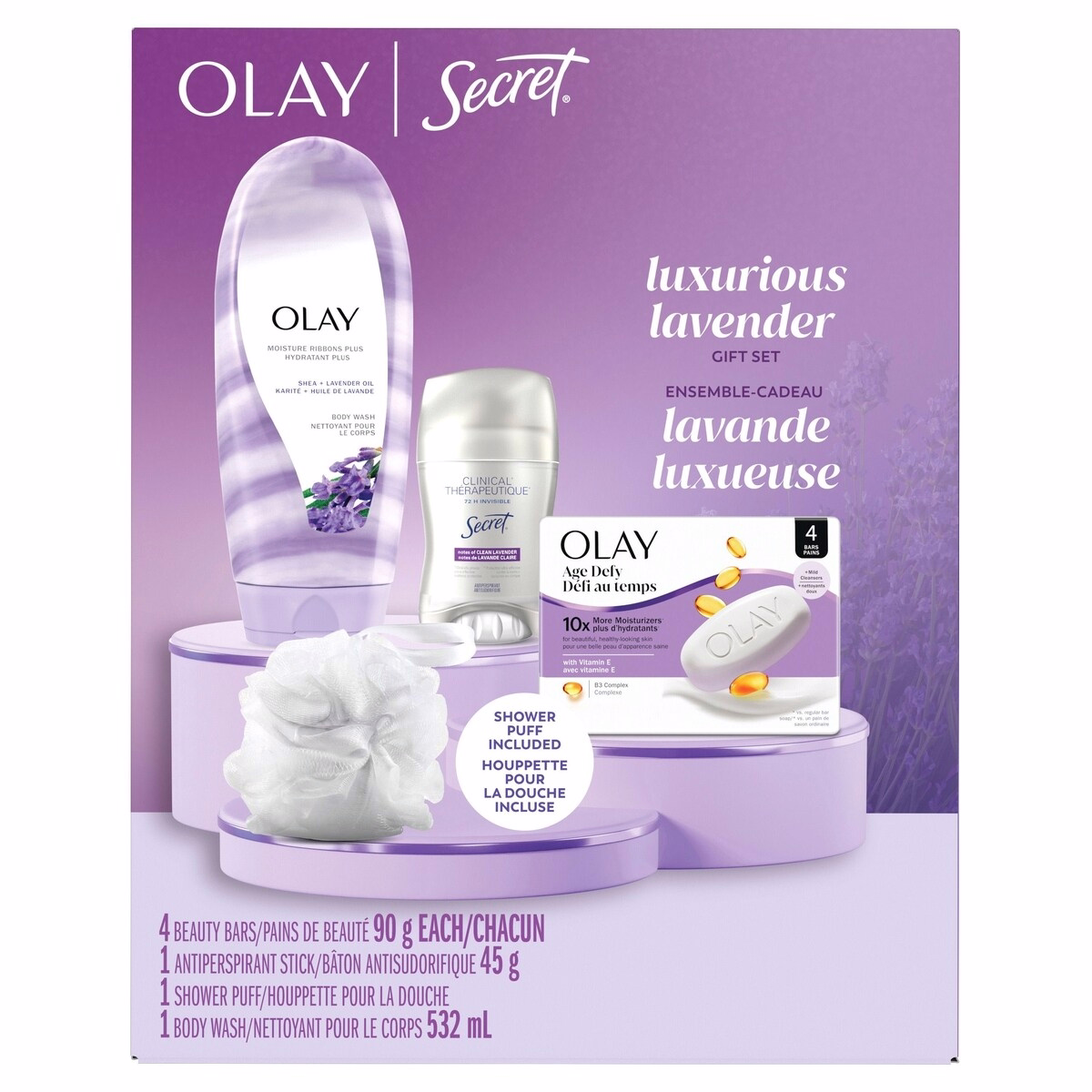Luxurious Lavender Gift Set with Antiperspirant Dry Spray, Beauty Bars 4 ct, Body Wash, and Shower Puff