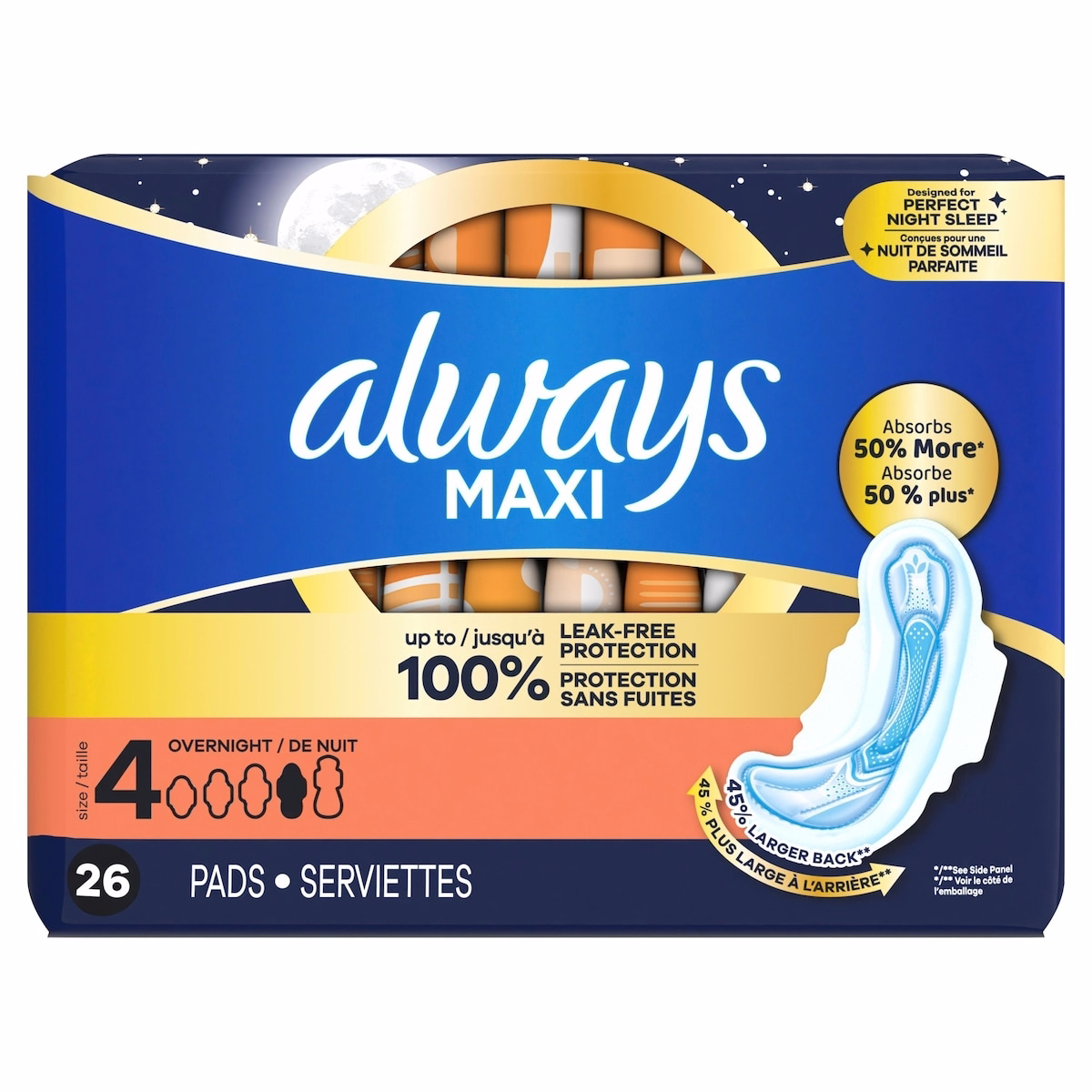 Maxi Overnight Pads with Wings for Women, Size 4, Overnight Absorbency, Unscented 26 Count