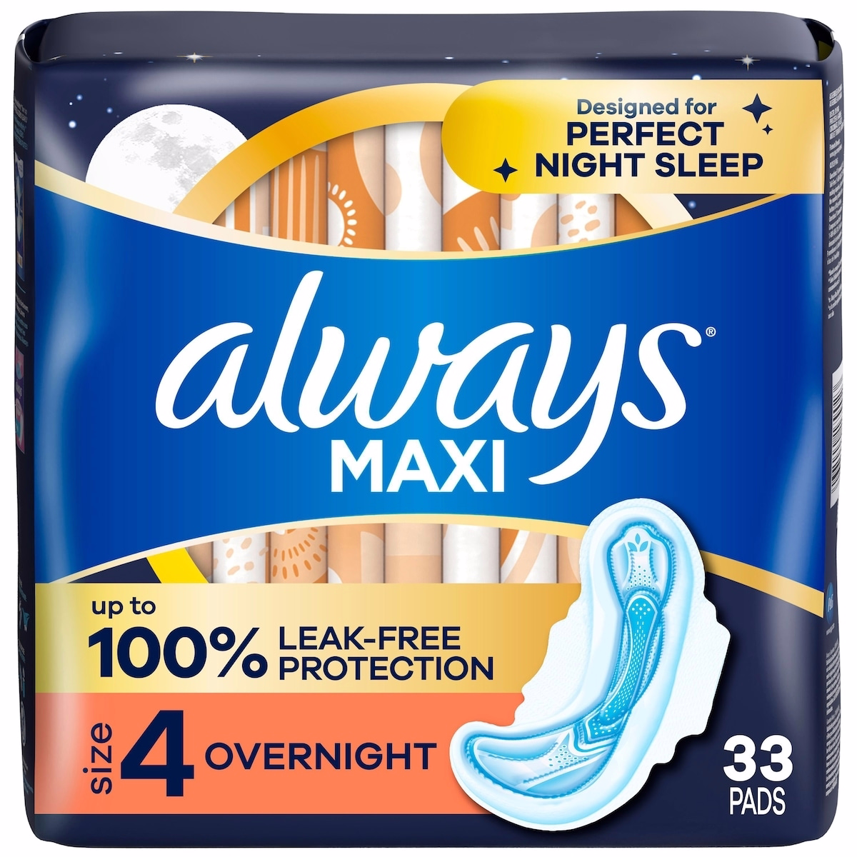 Maxi Wings 夜間護墊，適用於女性，尺碼 4，夜間吸收力，無香，33 片裝