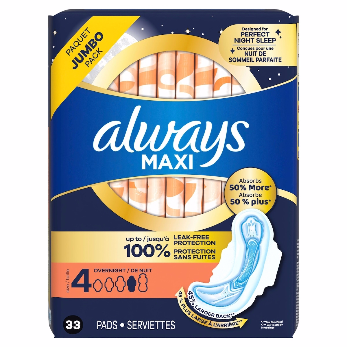 Maxi Wings 夜間護墊，適用於女性，尺碼 4，夜間吸收力，無香，33 片裝