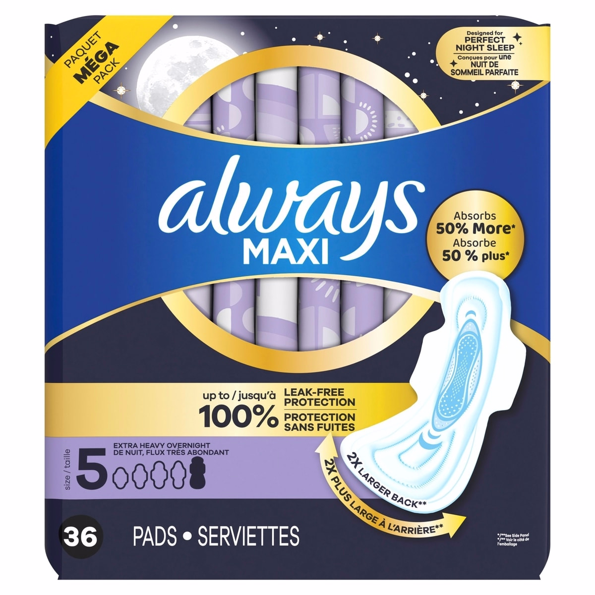 Maxi 夜用護墊 帶翼，尺寸 5，超厚夜間吸收力，無香
