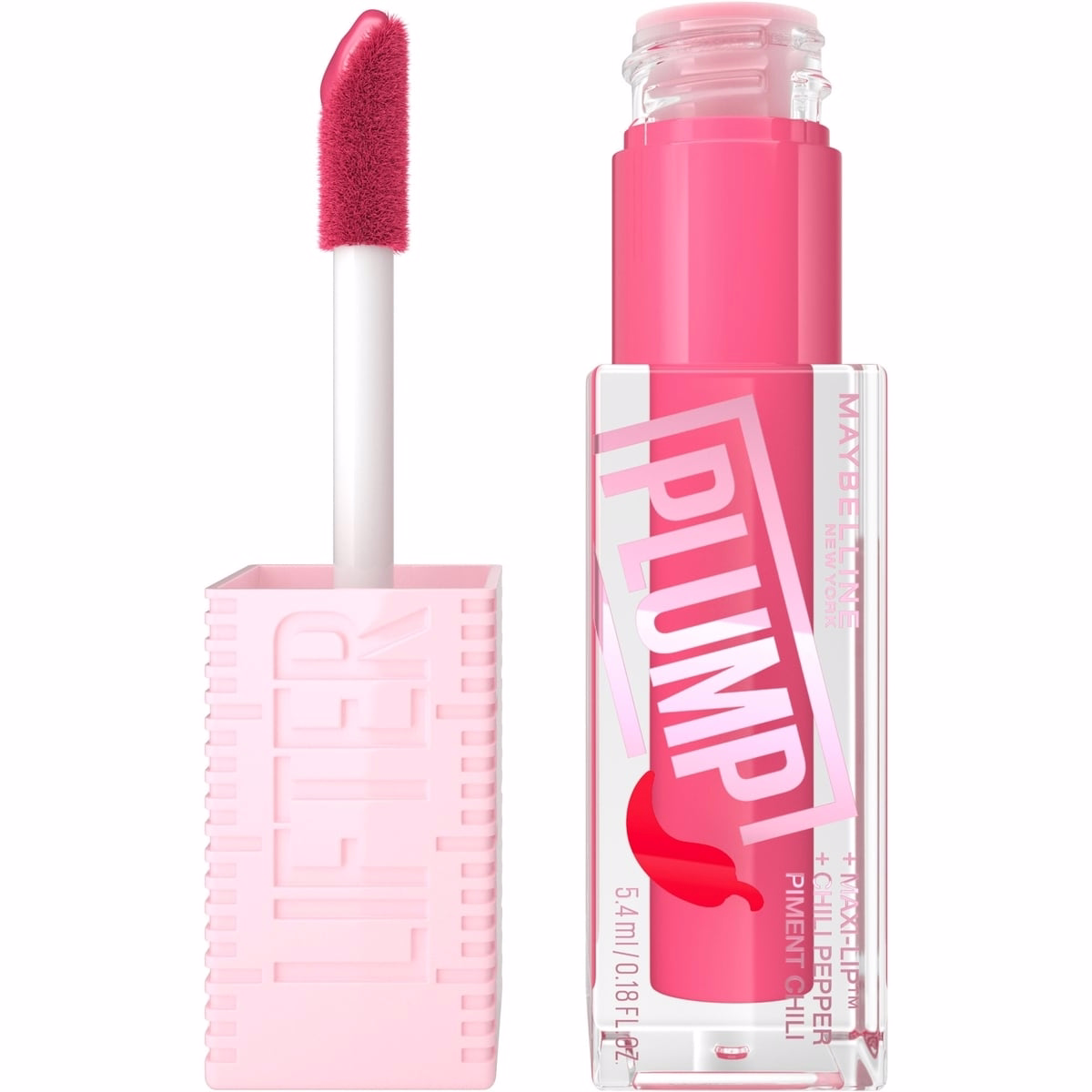 Maybelline New York Lifter 豐盈唇彩，豐盈效果、透亮妝感、強烈發熱感、粉紅刺痛、003、泡泡糖粉紅、5.4 ml