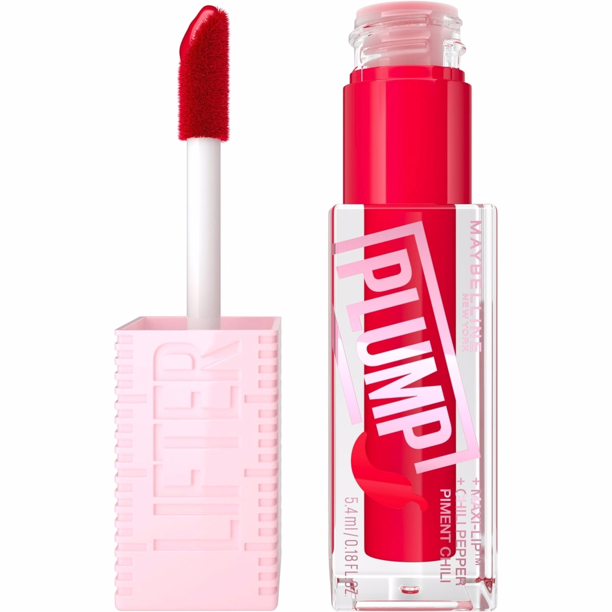 Maybelline New York Lifter Plump Lip Gloss, Plumping, Sheer Finish, Intense heated sensation, Red Flag, 004, Red, 5.4 ml