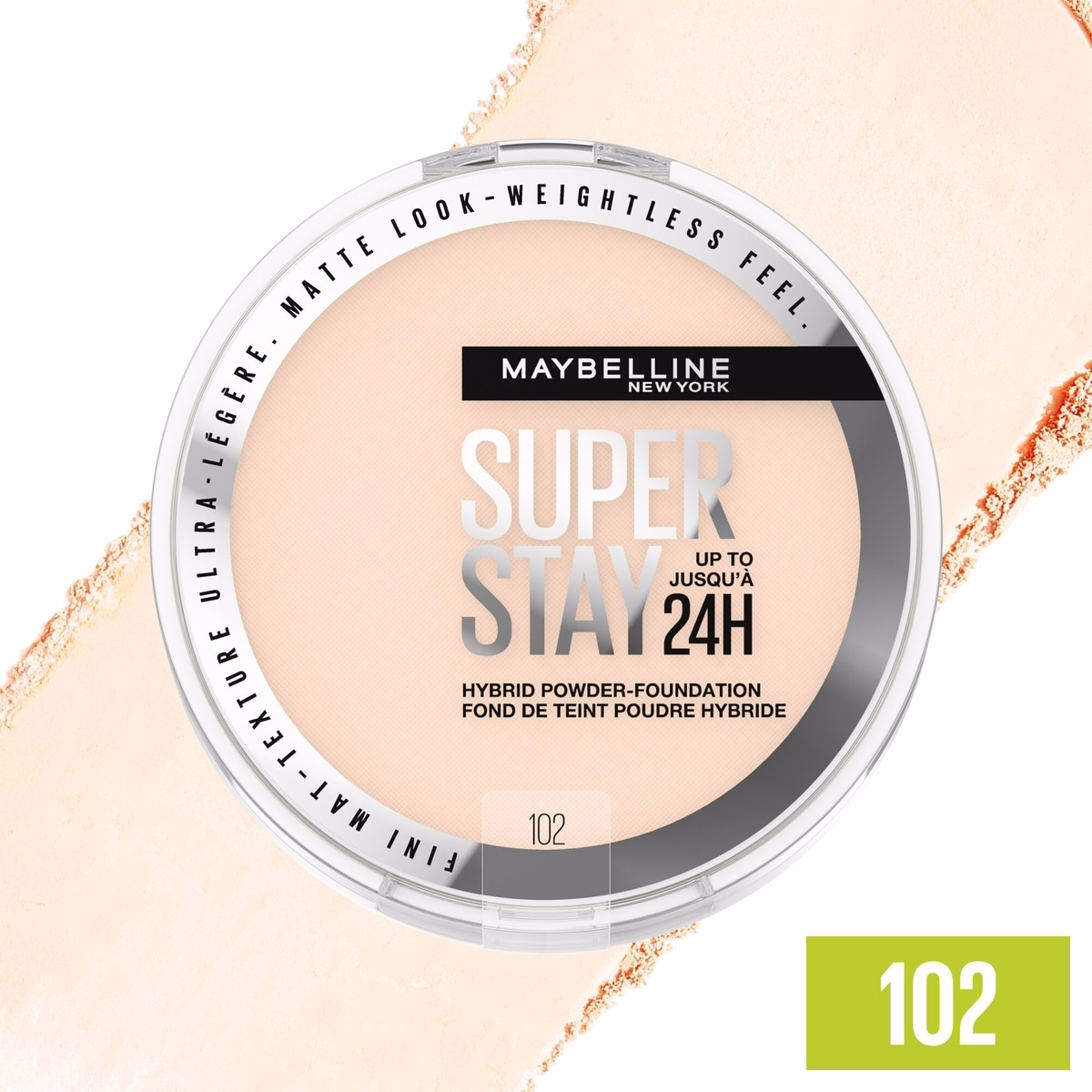 Maybelline New York Super Stay 24 Hour Hybrid Powder Foundation, Waterproof, Vegan, Mattifying, 102, 6 g