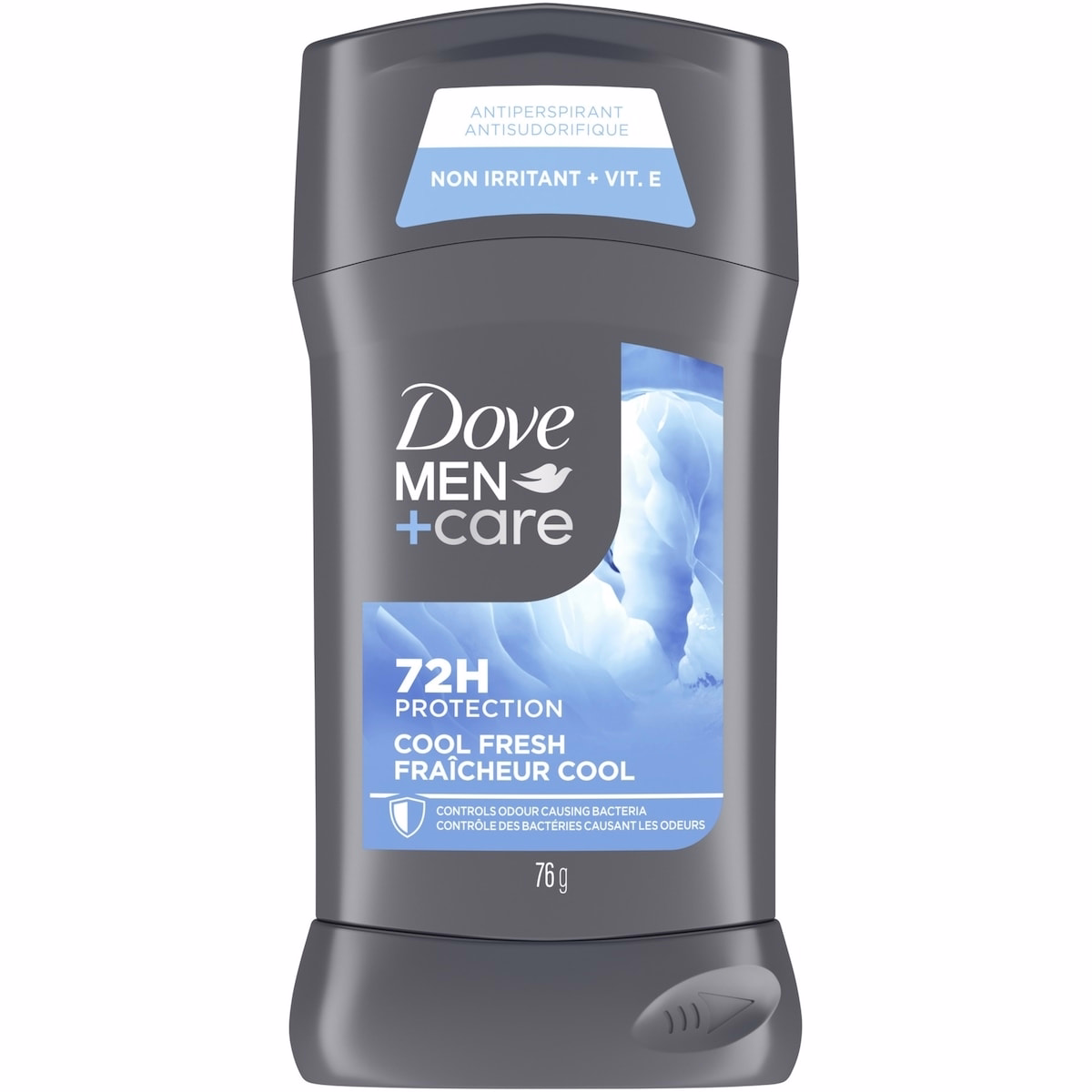 Dove Men+Care 清涼清新防汗除臭劑，72小時防護，含非刺激配方、1/4 潤膚霜與維生素E 的棒狀包裝。