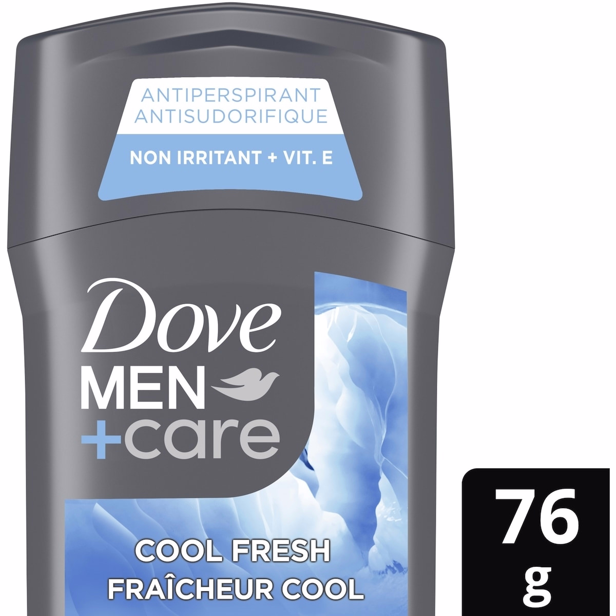 Dove Men+Care 清涼清新防汗除臭劑，72小時防護，含非刺激配方、1/4 潤膚霜與維生素E 的棒狀包裝。