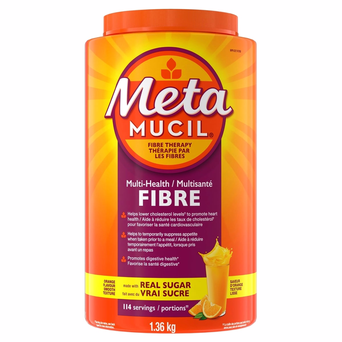 Metamucil, Poudre de Psyllium à 3 en 1 pour la santé digestive, parfum orange, sucre réel, poudre lisse, 114 portions, 1,36 kg