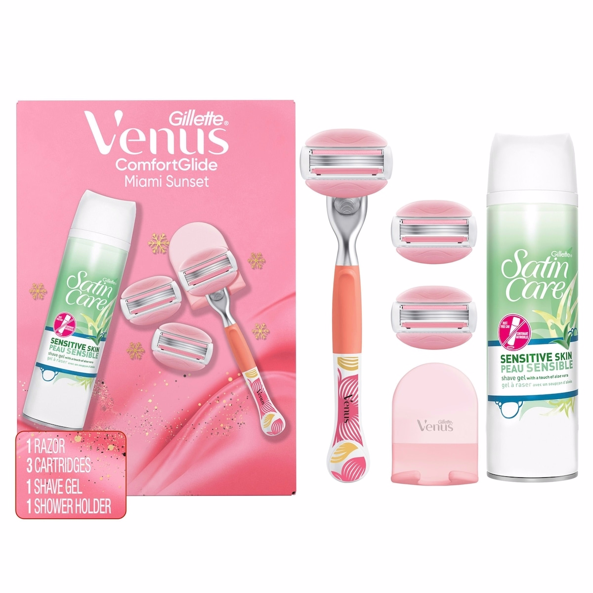 Miami Sunset Comfortglide Razor Handle, 3 Refills, 1 Shower Hook, 7oz Sensitive Shave Gel, Holiday Gifts for Women