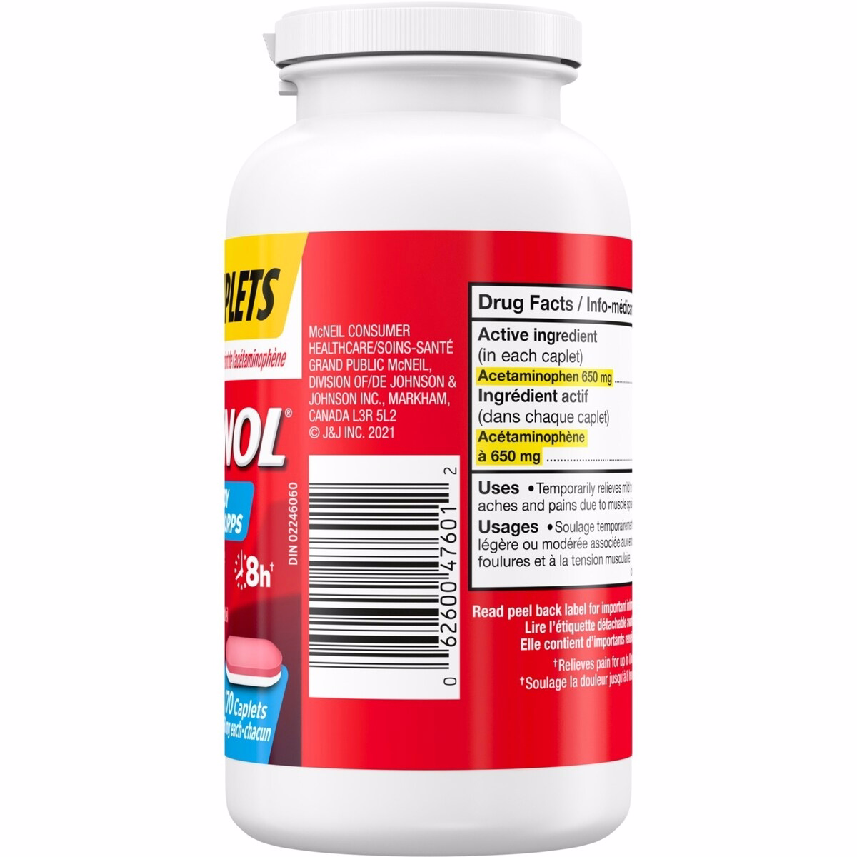 Muscle & Body Pain Relief- Acetaminophen 650 mg - Fast Acting - Bi-Layer Caplets