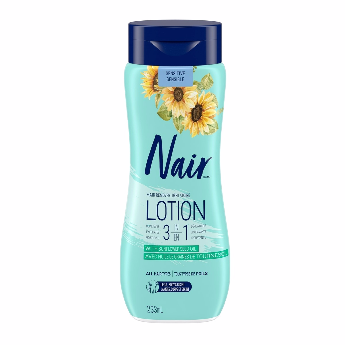 Nair 3-in-1 Hair Removal Lotion for Sensitive Skin with Sunflower Seed Oil and Green Tea Extract, 233 mL