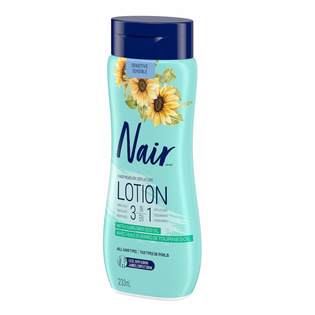 Nair 3-in-1 Hair Removal Lotion for Sensitive Skin with Sunflower Seed Oil and Green Tea Extract, 233 mL Nair 3-in-1 Hair Removal Lotion for Sensitive Skin with Sunflower Seed Oil and Green Tea Extract, 233 mL