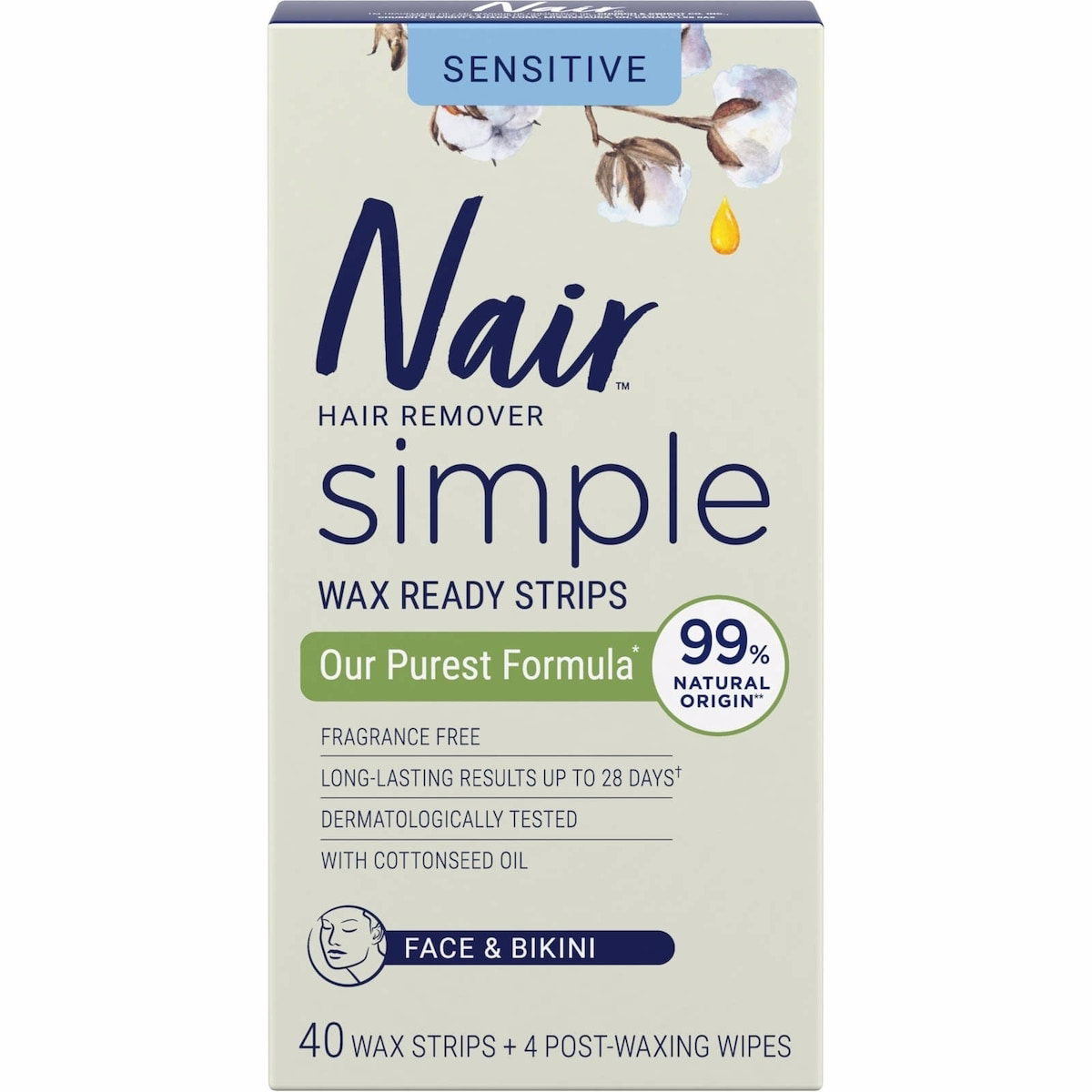 Nair Simple Wax Ready Strips with Cottonseed Oil Face & Bikini