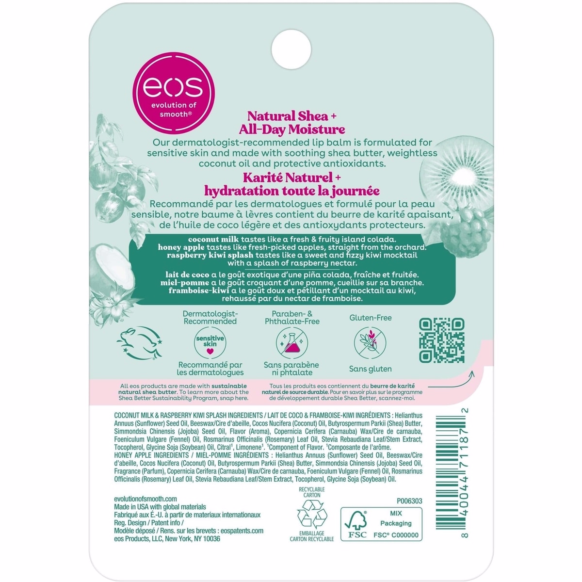 Natural Smooth Lip Balm, Coconut Milk, Honey Apple, Raspberry Kiwi Splash