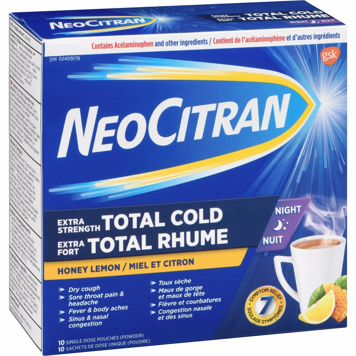 Neocitran Extra Strength Total Cold Night Hot Liquid Medication, Honey Lemon, 10 pack