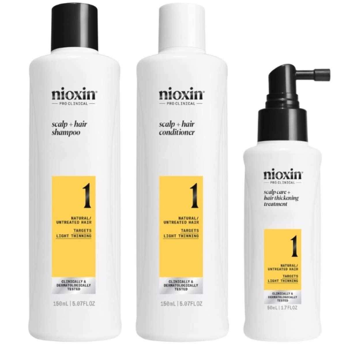 Nioxin Scalp + Hair Thickening System 1 - for Natural Hair with Light Thinning - Includes Shampoo 150ml, Conditioner 150ml and Scalp Treatment 50ml