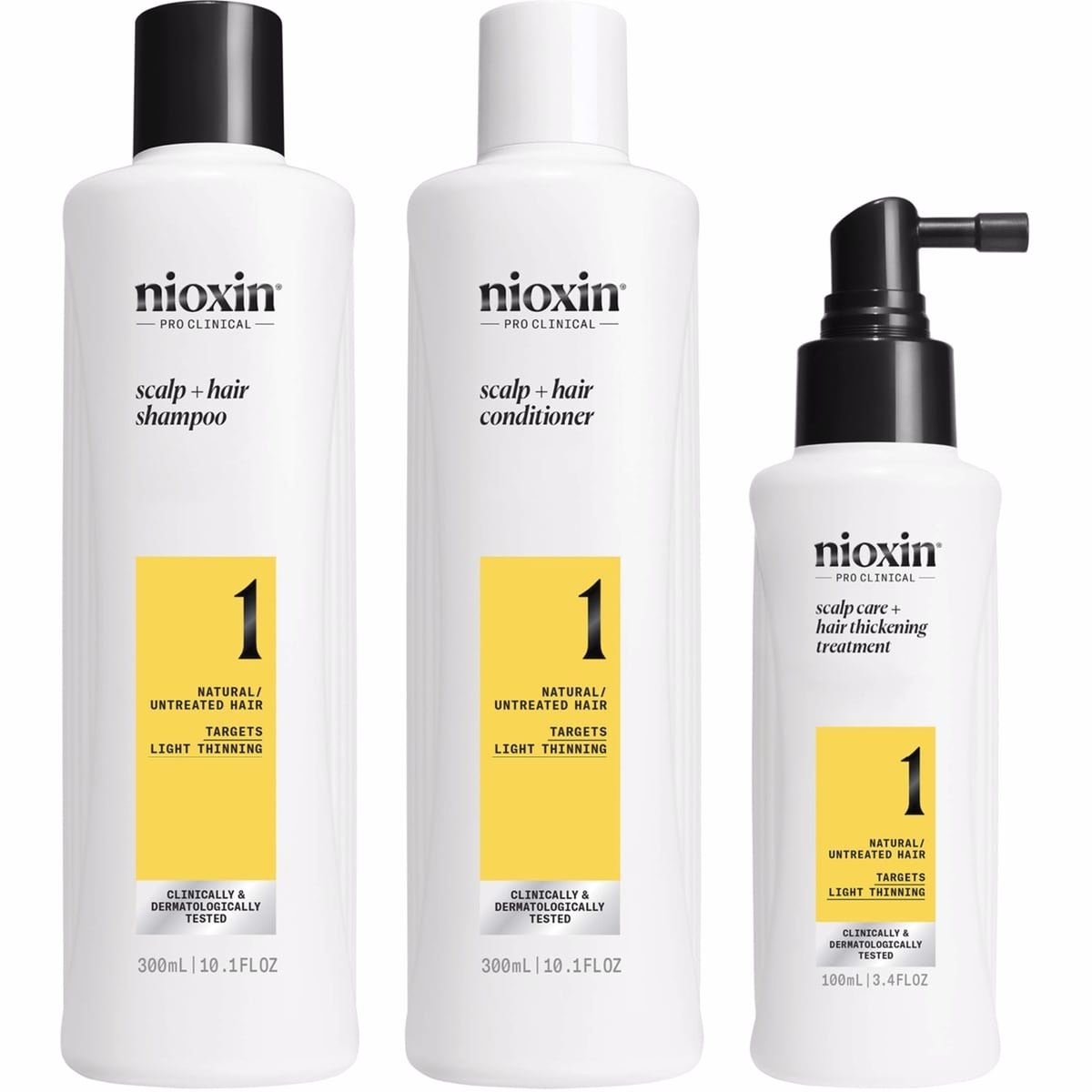 Nioxin Scalp + Hair Thickening System 1 Kit - for Natural Hair with Light Thinning - Includes Shampoo 300ml, Conditioner 300ml and Scalp Treatment 100