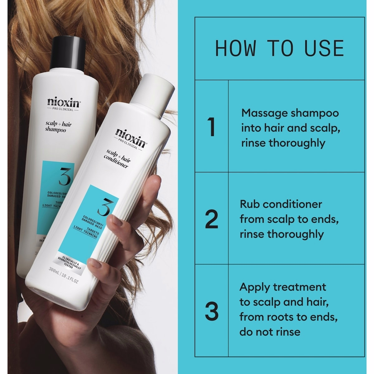 Nioxin Scalp + Hair Thickening System 3 - for Colored Or Dry Damaged Hair with Light Thinning - Includes Shampoo 150ml, Conditioner 150ml and Scalp Treatment 50ml Nioxin Scalp + Hair Thickening System 3 - for Colored Or Dry Damaged Hair with Light Thinning - Includes Shampoo 150ml, Conditioner 150ml and Scalp Tr