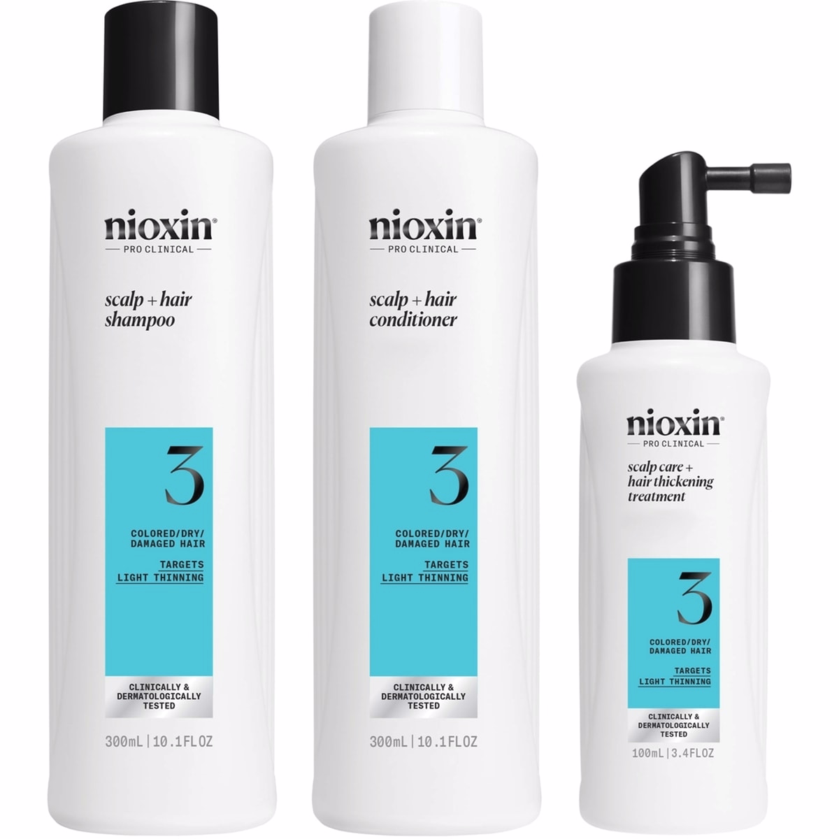 Nioxin Scalp + Hair Thickening System 3 Kit - pour cheveux colorés ou secs endommagés avec légère perte - Comprend Shampooing 300 ml, Après-shampoing 300 ml et Traitement du cuir chevelu 100 ml