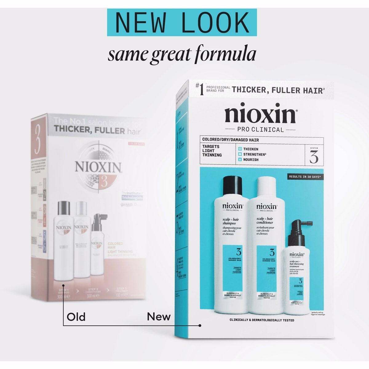 Nioxin Scalp + Hair Thickening System 3 Kit - pour cheveux colorés ou secs endommagés avec légère perte - Comprend Shampooing 300 ml, Après-shampoing 300 ml et Traitement du cuir chevelu 100 ml