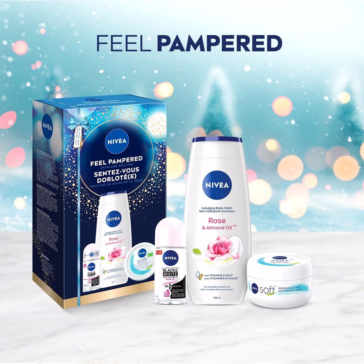 NIVEA Feel Pampered Skincare Routine Holiday Gift Set, Body Cream, Body Wash and Deodorant