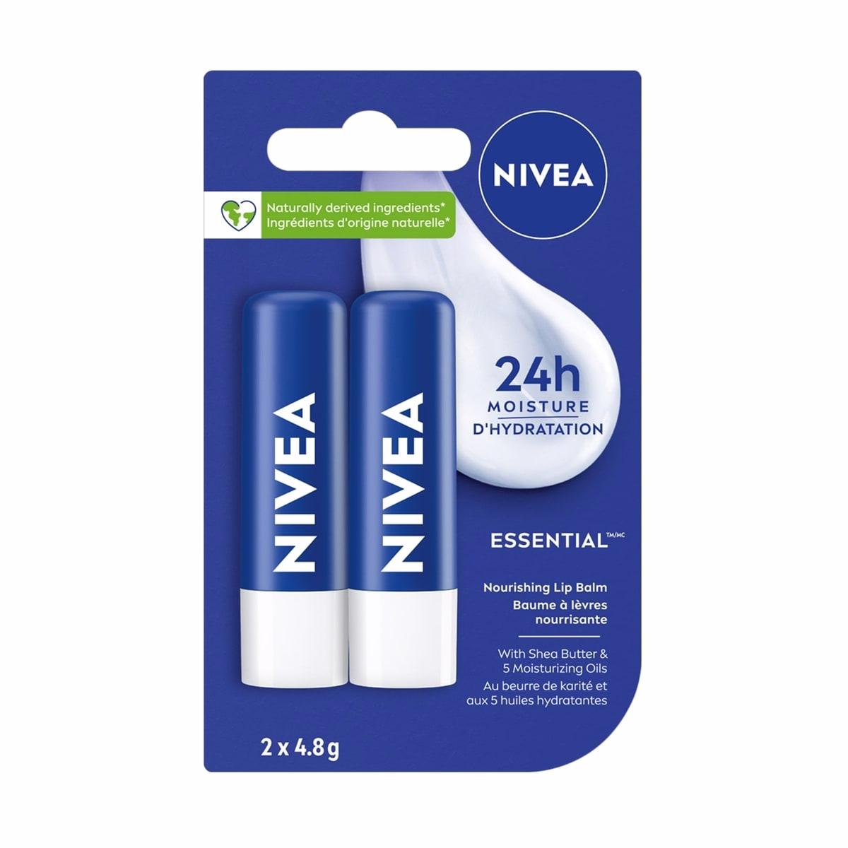 NIVEA Lip Care Essential, 24시간 보습, 시어버터 및 5가지 보습 오일 함유, (2 x 4.8g)