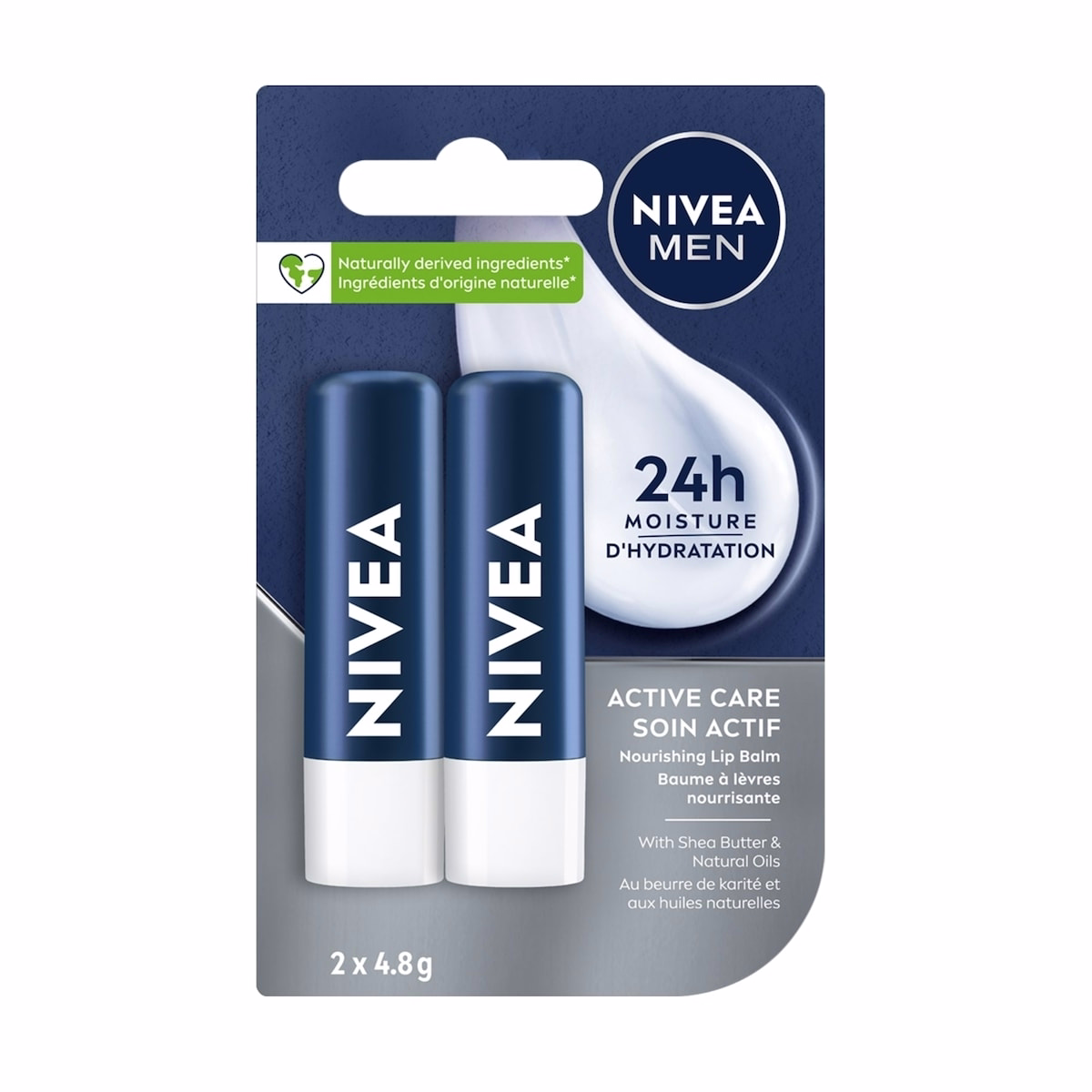 NIVEA MEN アクティブケアリップバーム, 24時間保湿, シアバター配合, べたつかず残留物なし (2本×4.8 g)