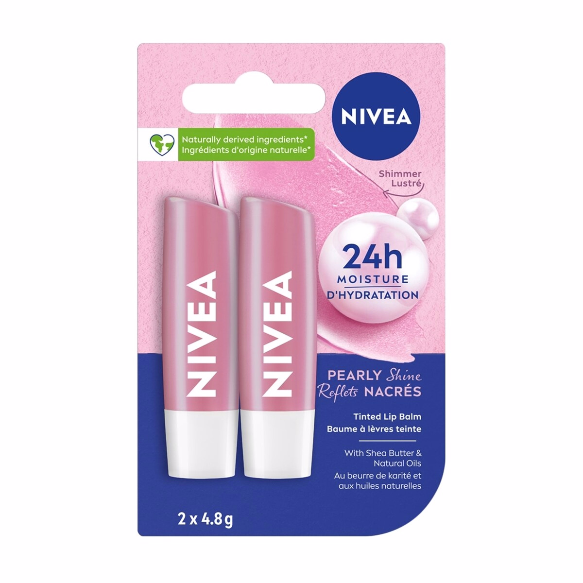 NIVEA Pearly Shine Lip Balm, Tinted lip balm with shea butter & natural oils for 24hr moisture, Pearly pink shine, Lip moisturizer for dry lips, (2 x