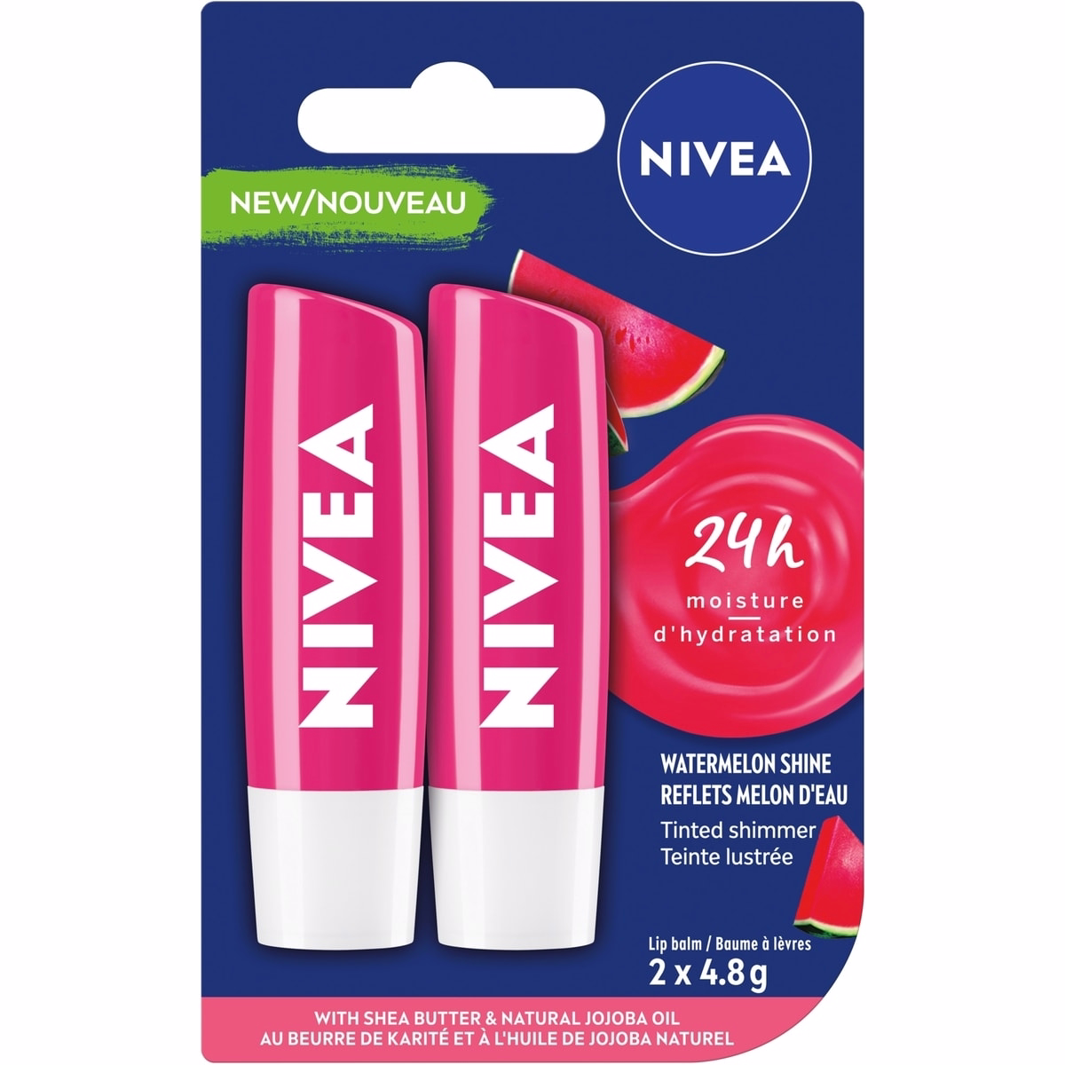 NIVEA Watermelon Shine Lip Balm, Tinted lip balm with shea butter & natural oils for 24hr moisture, Watermelon scent, Lip moisturizer for dry lips, (2