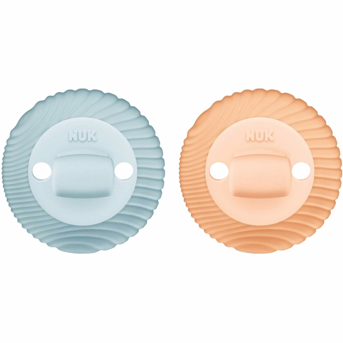 NUK Comfy Duet Soother 2-in-1 Pacifier and Teether, 0-12 months, Green & Orange, 2 Pack