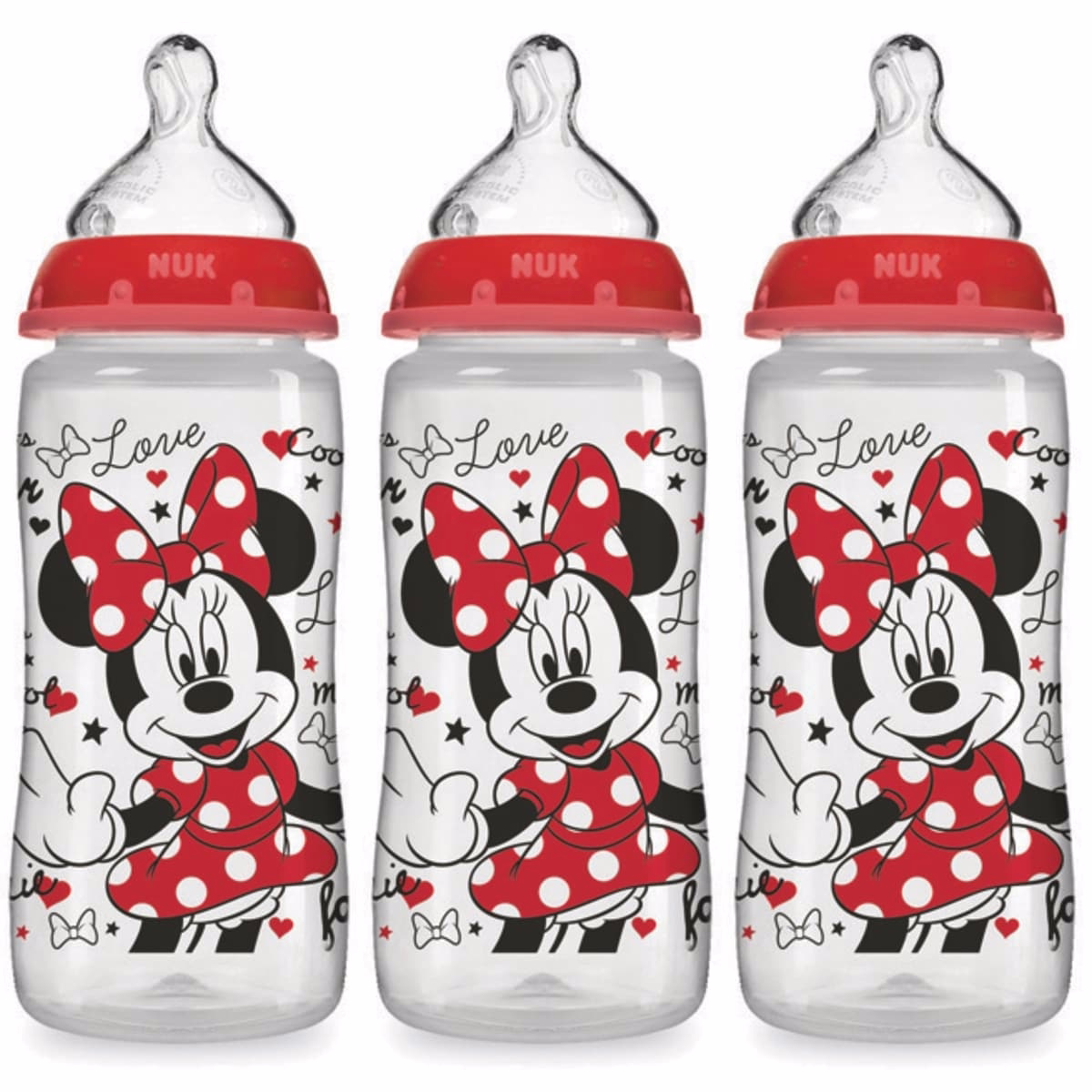 Nuk Disney Smooth Flow Mickey & Minnie Mouse Orthodontic Bottle 10oz, 3pk,Silicone