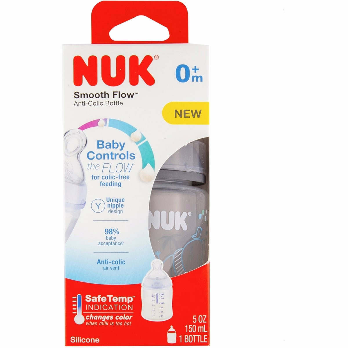 NUK 順暢流防脹氣嬰兒奶瓶，5 oz (150 mL)，灰象款，1 包裝