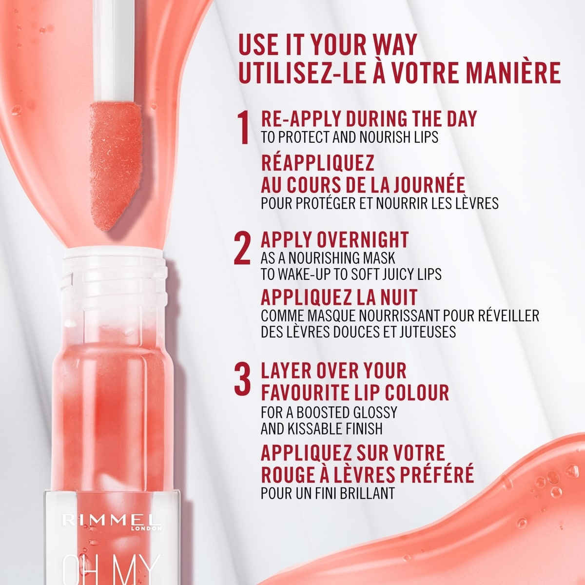 Huile à lèvres Oh My Gloss!, non collante, apport hydratant, hydratante et confortable, facile à appliquer, formule vegan Huile à lèvres Oh My Gloss!, non collante, apport hydratant, hydratante et confortable, facile à appliquer, formule vegan