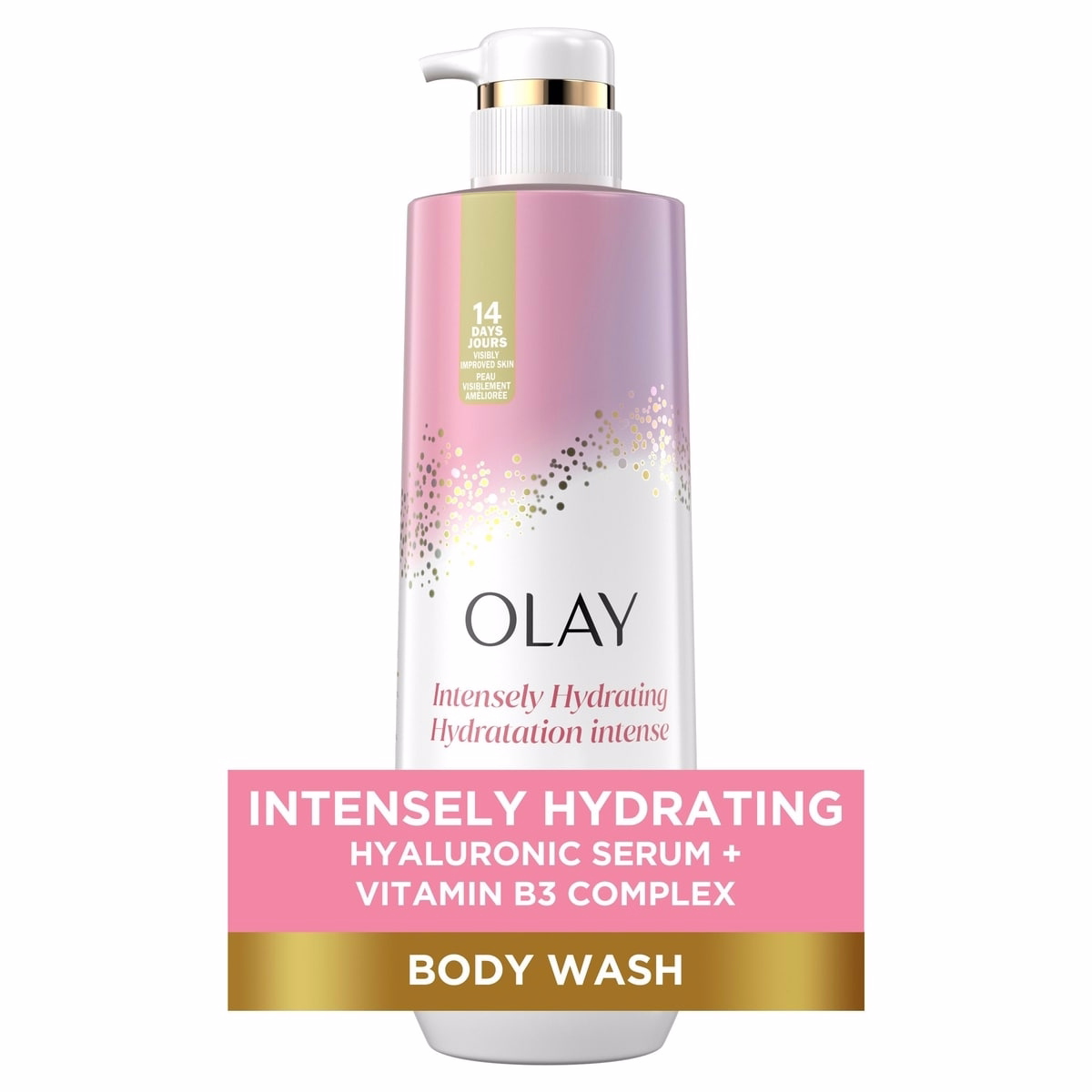Olay 洗淨滋養沐浴露，含維生素 B3 與玻尿酸