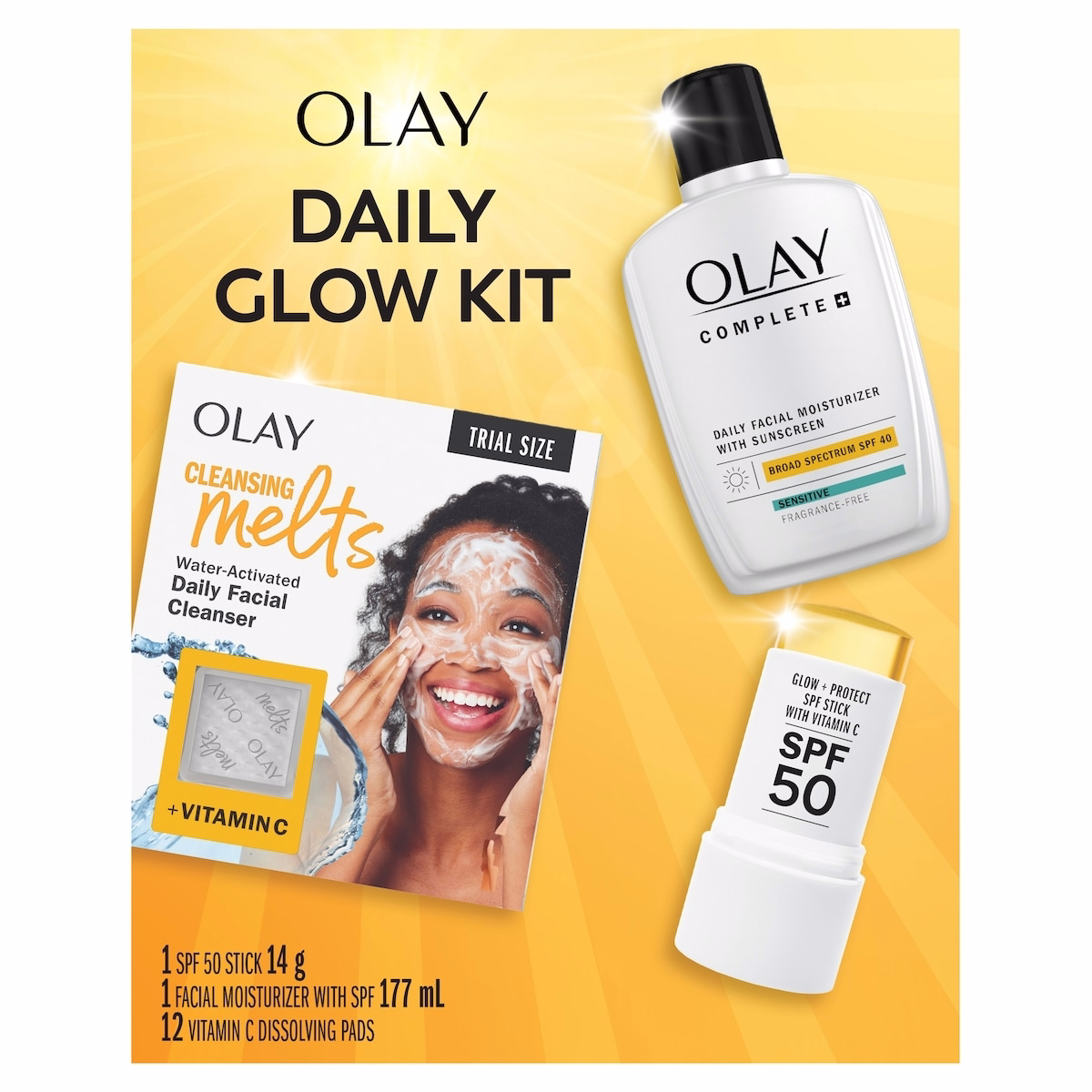 Kit Olay Éclat Quotidien, Coffret soins 3 Pièces, Nettoyant visage, Hydratant visage avec SPF, Stick solaire SPF Kit Olay Éclat Quotidien, Coffret soins 3 Pièces, Nettoyant visage, Hydratant visage avec SPF, Stick solaire SPF