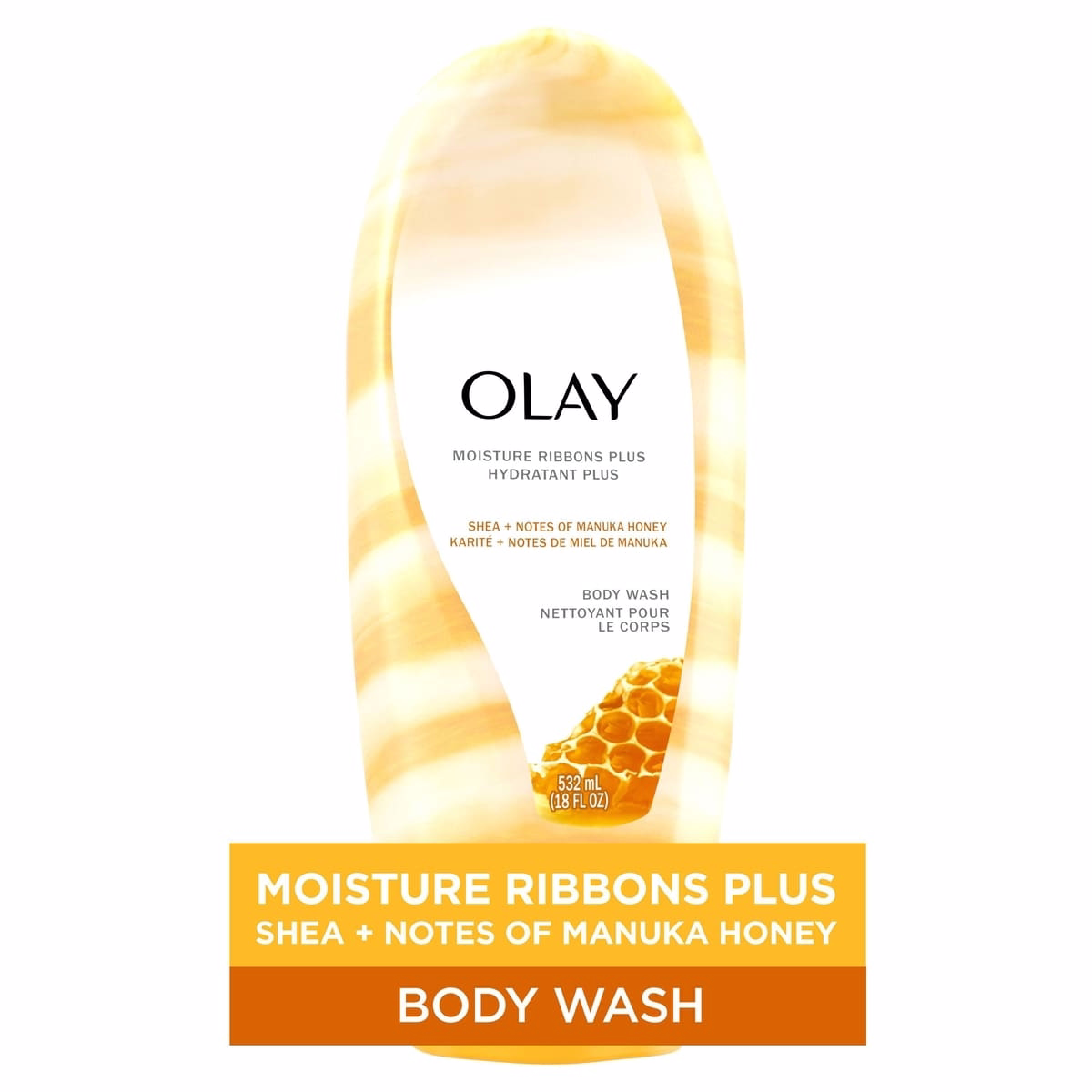 Olay 保濕絲帶 Plus 乳木果與馬努卡蜂蜜沐浴露，532 mL