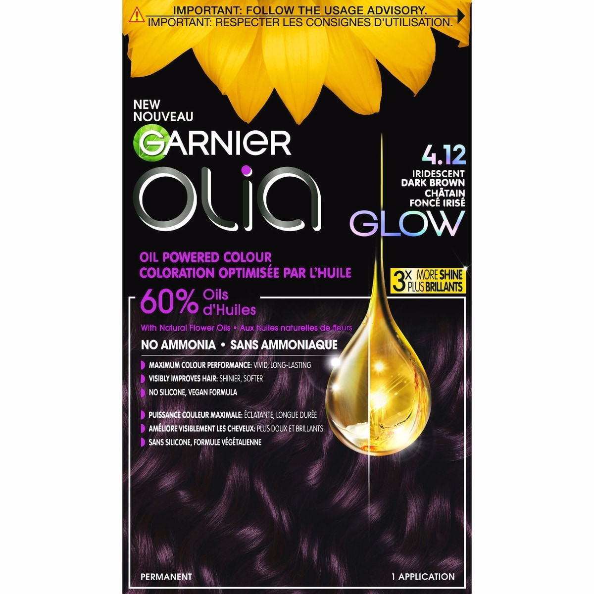 Olia Permanent Hair Dye, Ammonia-Free Hair Color, 4.12 Iridescent Dark Brown, Long-Lasting Hair shine With 60% Oils, 1 Application